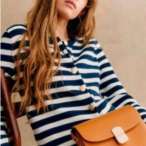 Sezane Striped Navy and White Cardigan with gold buttons Size L